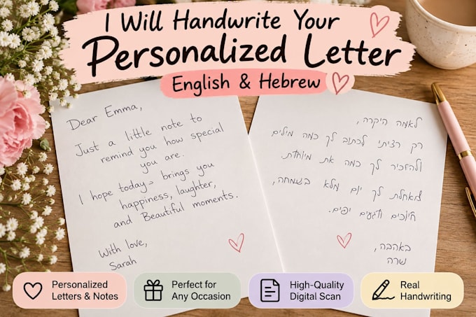 handwrite letters, notes and cards in english or hebrew