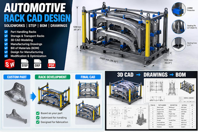 design automotive racks and 3d cad models in solidworks