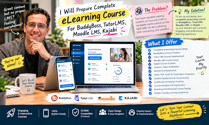 prepare complete elearning course for buddyboss, tutorlms, moodle lms, kajabi