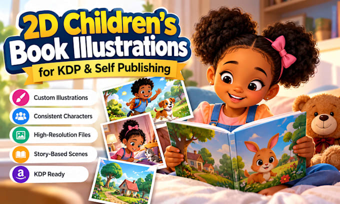create 2d children book illustrations for KDP and self publishing
