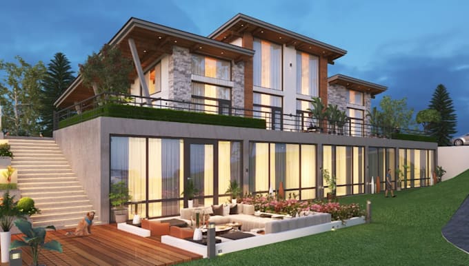 redesign luxury hillside villa,outdoor sitting area,structure layout,facades cgi