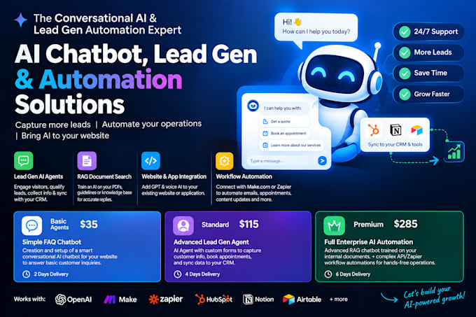 build ai chatbot for website, lead gen ai agent and content automation