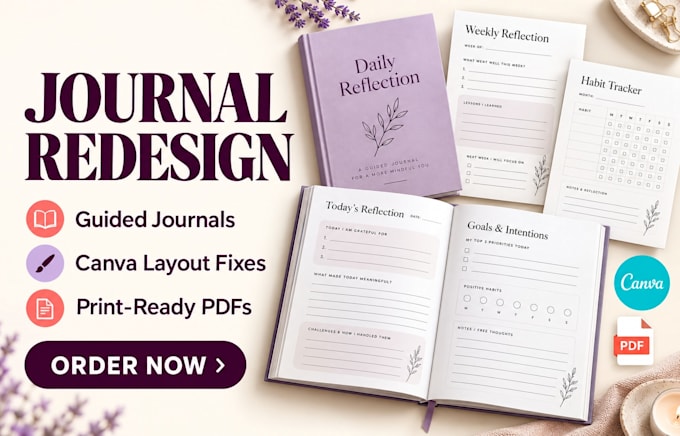 redesign your guided journal, fix canva layouts, create print ready pdfs