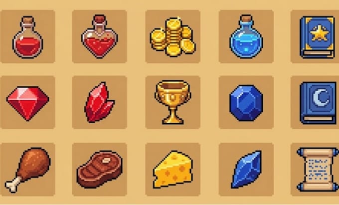 create pixel art game icons, rpg items, game logo inventory assets and game UI