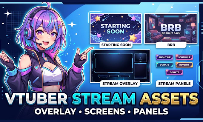 design custom vtuber stream assets overlay and stream screens live2d vtuber anim