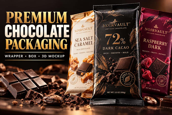 design premium chocolate bar packaging, wrapper, box and luxury 3d mockup render