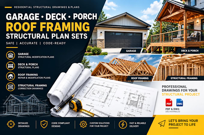 create garage deck porch roof framing structural plan sets