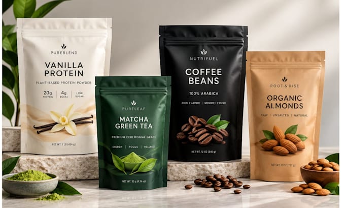 pouch design, packaging design, label design and dieline