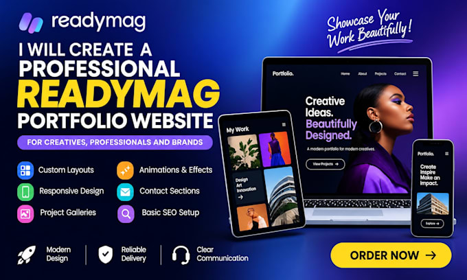 create a modern readymag portfolio website for creative professionals and brands