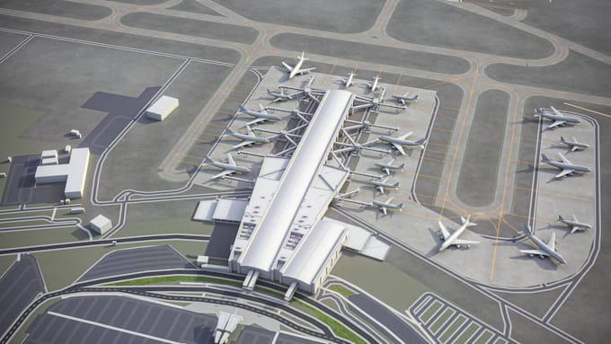 create modern 3d airport ,car park design with realistic architectural rendering