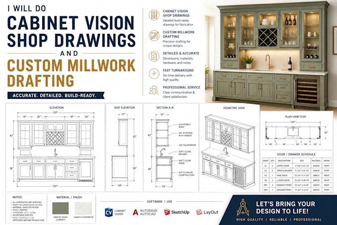 do cabinet vision shop drawings and custom millwork drafting