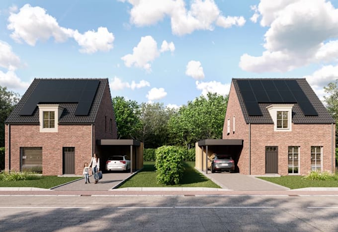 visualize3d single family residence,rooftop solar panel,brick cladding rendering