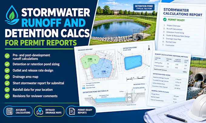 do stormwater runoff, detention pond calculations for permit reports