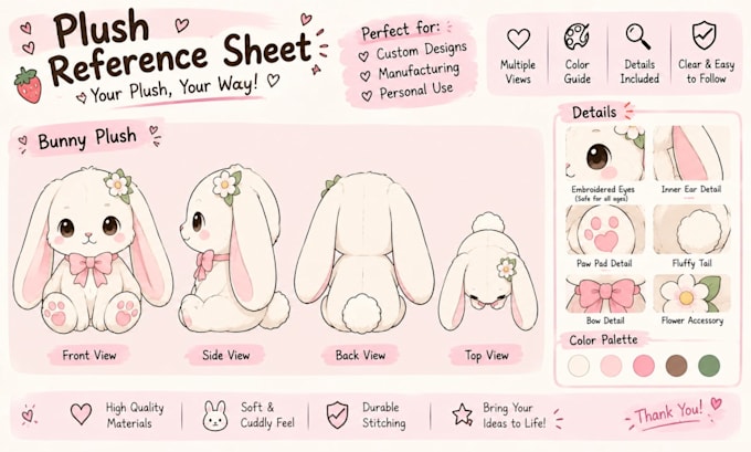 design a plush character sheet or reference sheet for your toy and stuffe