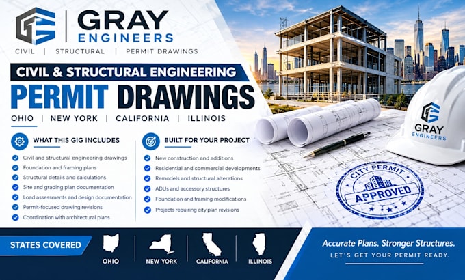 be ohio ny ca illinois civil structural engineer stamp drawings for city permit