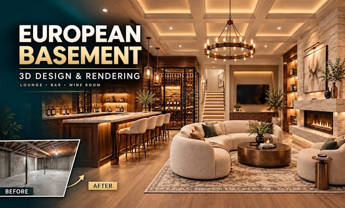 3d render european basement interior design remodel