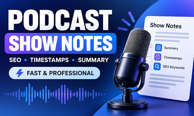 write SEO podcast show notes with timestamps and summaries