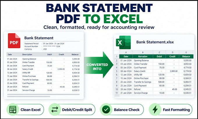 convert bank statement PDF to clean excel