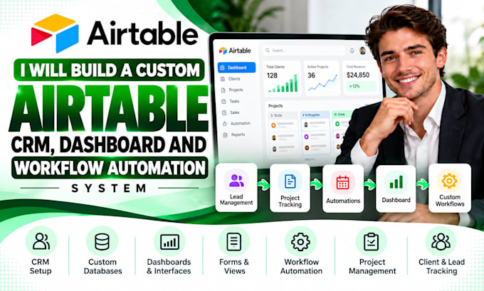 build a custom airtable CRM, dashboard and workflow automation system