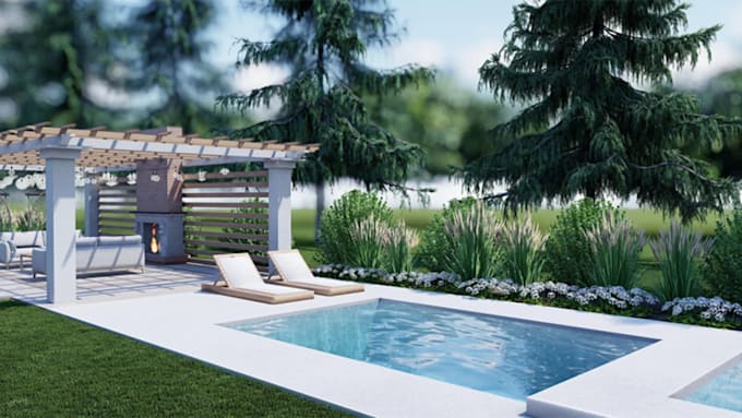 design a backyard landscape design ,3d rendering pool and garden frontyard
