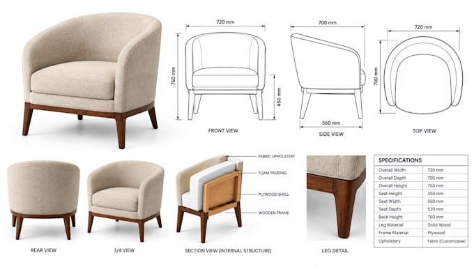 do 3d cad design for tub chair drafting precise dimension for manufacturing