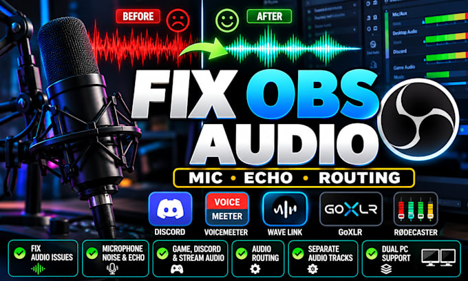 fix obs audio issues, microphone, echo, discord and streaming sound, stream deck