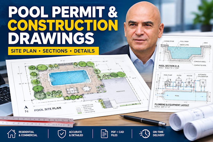 create swimming pool site plan, permit drawing and construction plans