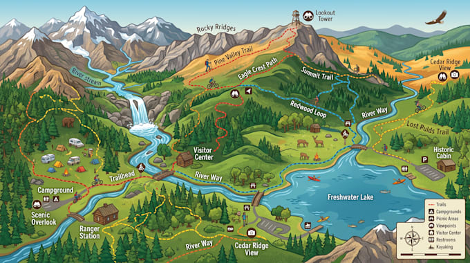 design illustrated hiking map, trail map, outdoor map, nature and recreation map