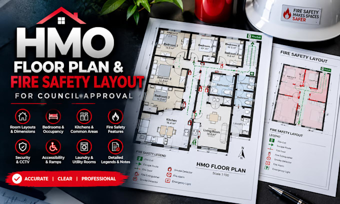 design an hmo floor plan and fire safety layout for council approval
