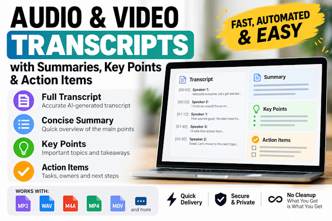 transcribe your audio or video and provide a summary and action items