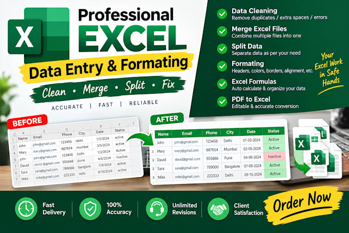clean, formate, merge, split excel data
