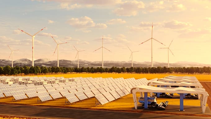 create 3d solar farm, solar panel and renewable energy visualization