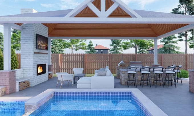 do 3d fire pit, 3d patio pool, pergola deck, pool, landscape, 3d backyard design
