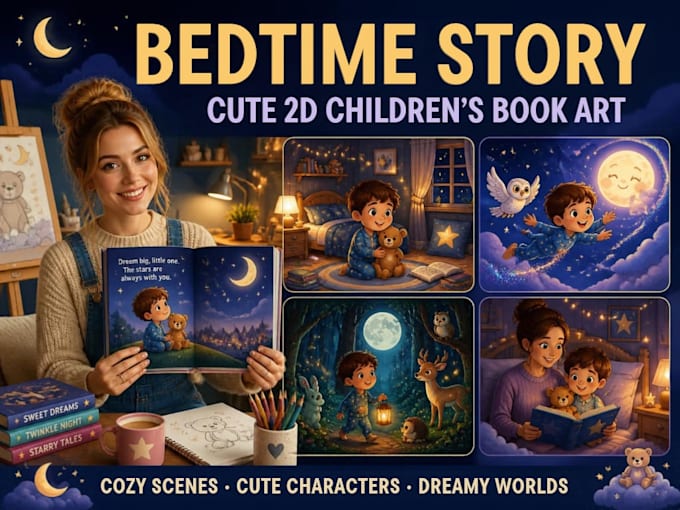 illustrate childrens bedtime stories with cute 2d characters