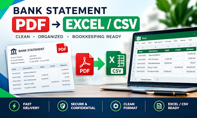 convert bank statement pdf to excel and csv for bookkeeping