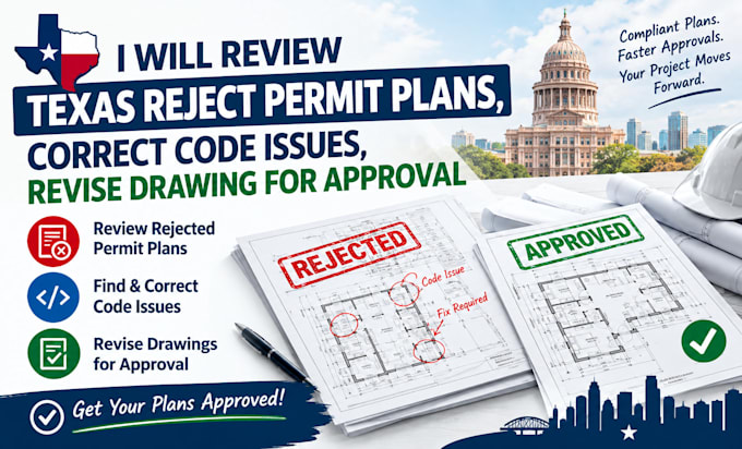 review texas reject permit plan, correct code issue, revise drawing for approval