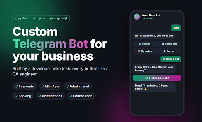 build a custom telegram bot in python with payments and mini app