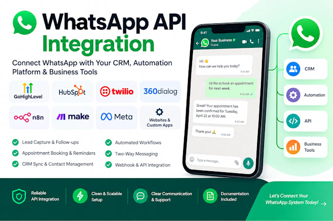 integrate whatsapp API with gohighlevel, hubspot twilio, 360dialog, n8n make com