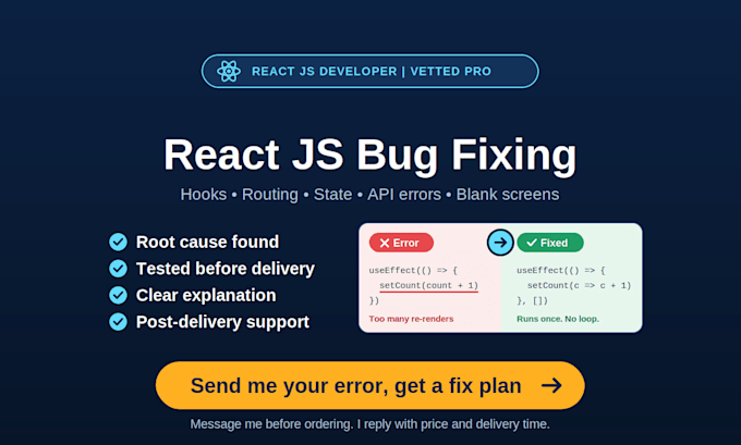 fix react js bugs, hooks, routing and frontend errors
