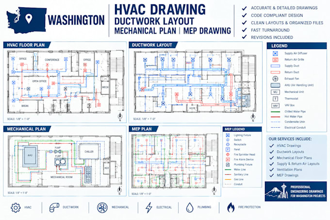 prepare washington hvac drawing ductwork layout mechanical plan mep drawing