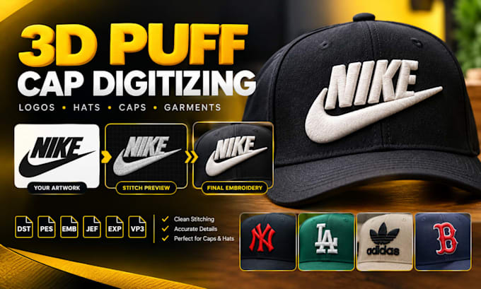 do 3d puff embroidery digitizing hat and cap logo digitizing dst pes