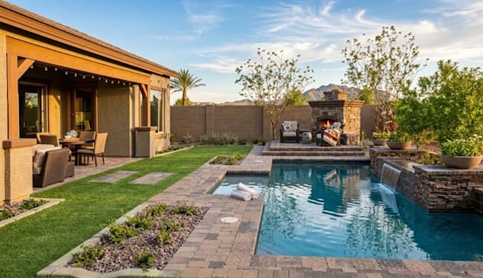 design backyard landscape, garden, patio, pool and 3d rendering