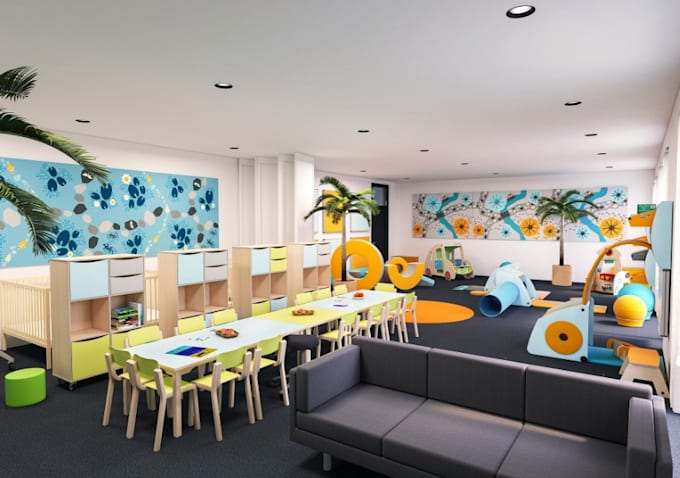 design 3d daycare interior design,kids play area,preschool visualization
