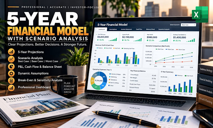 create a 5 year excel financial model with scenario analysis