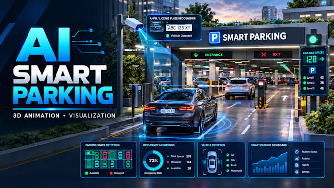 ai smart parking system, parking occupancy, vehicle detection, anpr 3d animation