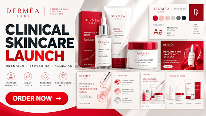 design clinical skincare product launch branding, packaging and visuals