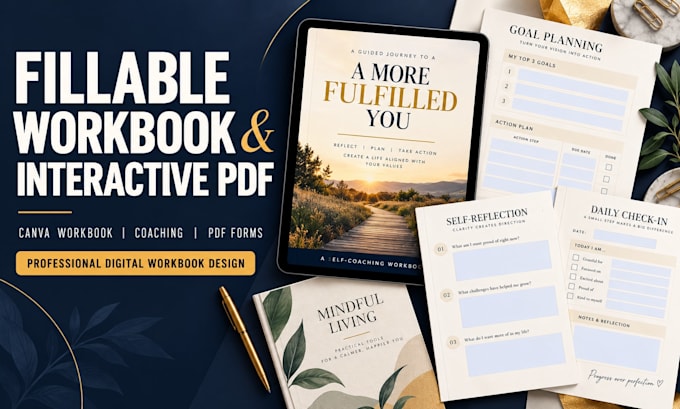 design fillable workbook, interactive PDF, canva worksheet and journal