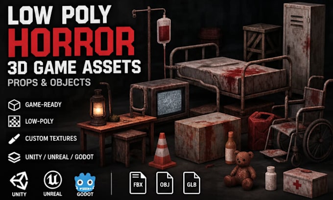 create low poly horror 3d game assets and props