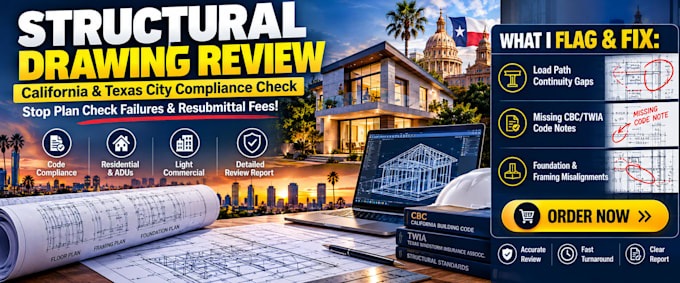 review structural drawings for ca and tx city compliance