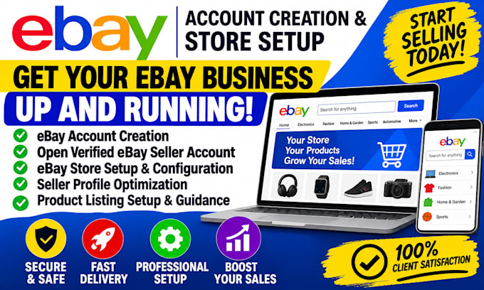 do ebay account creation, open verified ebay seller account, ebay store setup